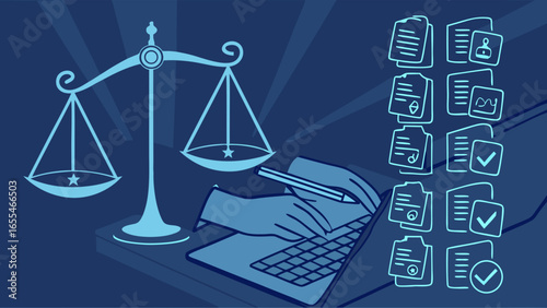 Digital Justice Scales of Justice Laptop and Documents Illustration.