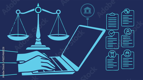 Digital Law Concept Laptop Scales of Justice Documents.