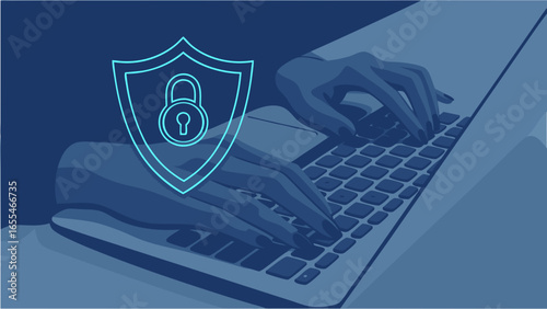 Digital Security Illustration Hands Typing on Laptop with Shield and Lock Icon.