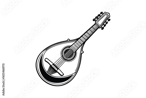 Black and white sketch of a mandolin silhouette isolated on white background