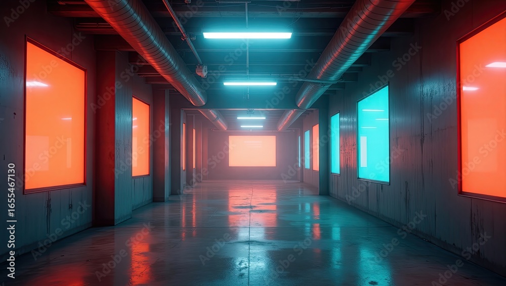 Fototapeta premium Neon-lit corridor with tinted windows.