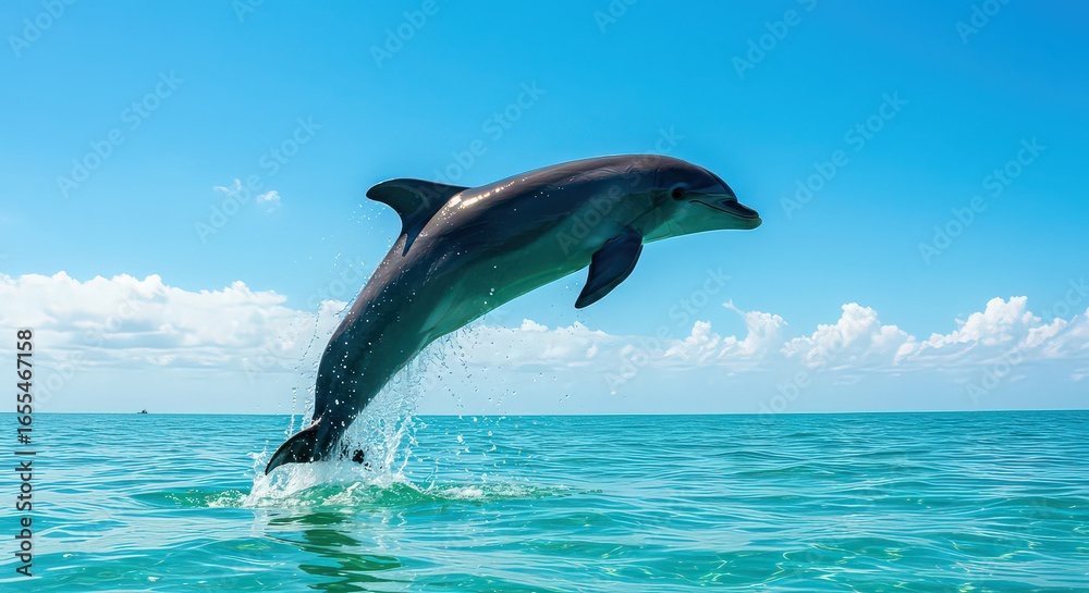 Fototapeta premium A dolphin jumps out of the turquoise ocean water against a bright blue sky with scattered clouds