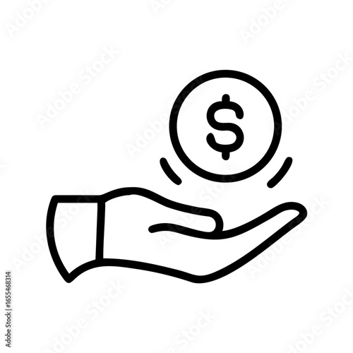 A stylized depiction of a hand holding a coin with a dollar sign on it in a minimalist outline style