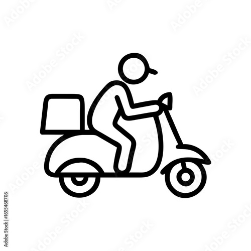 Illustration of a delivery person riding a scooter with a package carrier on the back in black outline