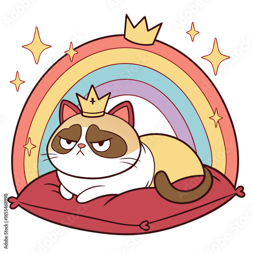 Cartoon grumpy cat wearing a crown lounges regally on a red pillow under rainbow