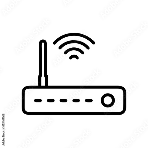 Illustration of a black outline router with antenna and wifi signal on a white background design icon