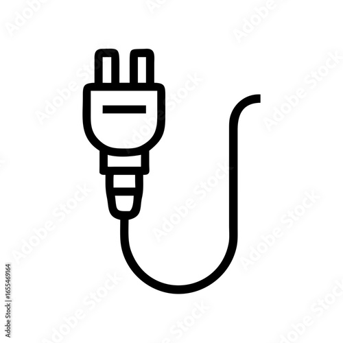 Illustration of a black electrical plug with two prongs and a curved cord on a white background view
