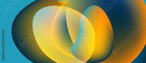 Abstract composition features overlapping colorful orbs. Yellow, orange, blue hues blend smoothly creating fluid shapes. Modern design.