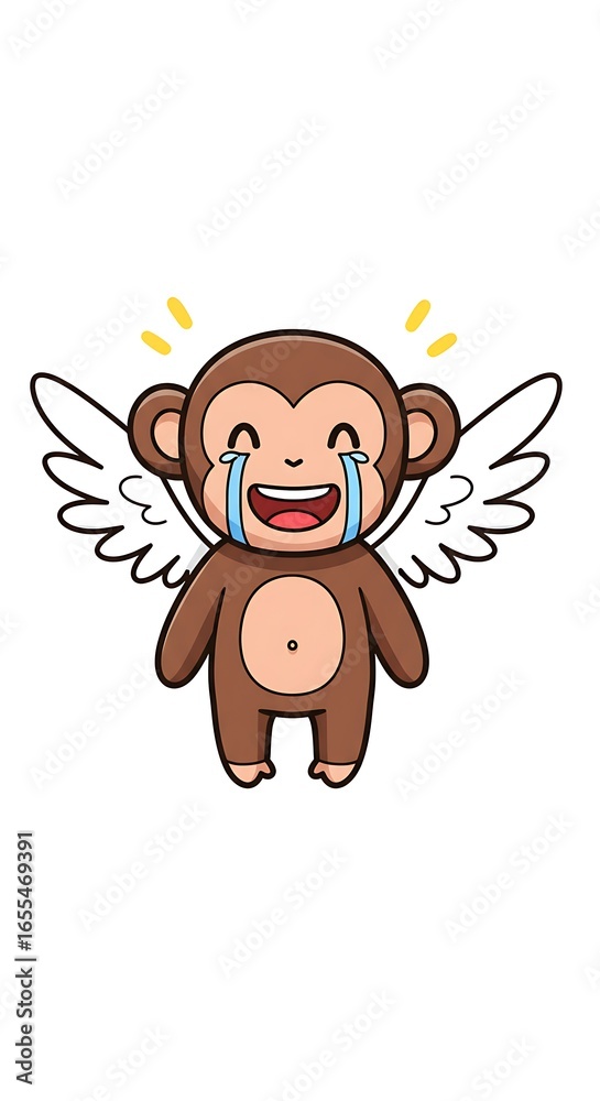 Obraz premium A cute cartoon monkey with angel wings and a halo, laughing with tears of joy.