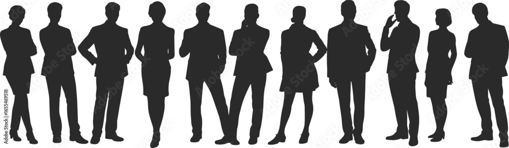 Silhouettes of eleven business professionals standing in a row, various poses, corporate attire, teamwork, leadership, collaboration, career growth, modern office environment Silhouettes of eleven business professionals standing in a row, various poses, corporate attire, teamwork, leadership, collaboration, career growth, modern office environment