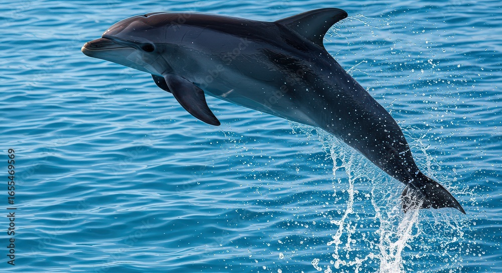Obraz premium A dolphin leaps from the blue ocean water with splashes of water surrounding its body in the air