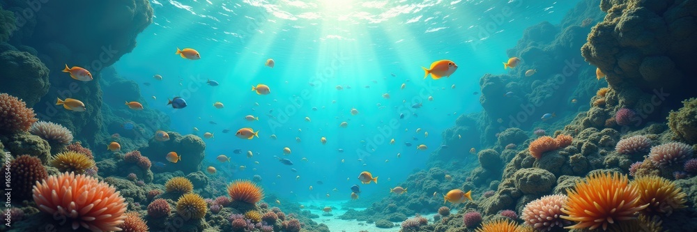 Naklejka premium Vibrant underwater coral reef scene with sunlight filtering through the water.