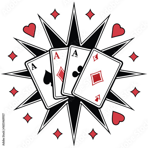 Four aces playing cards arranged with geometric starburst and suit symbols on transparent background