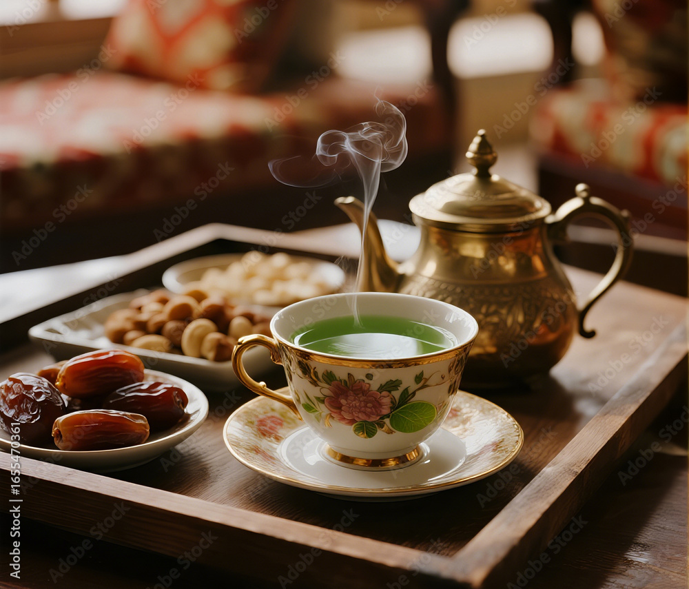 Fototapeta premium Traditional Arabic Qahwa coffee with dates and nuts served in an elegant setting