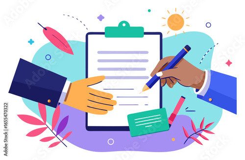 A colorful cartoon depicts two hands, one offering a handshake and the other signing a document on a clipboard, amidst abstract shapes and a bright sun.