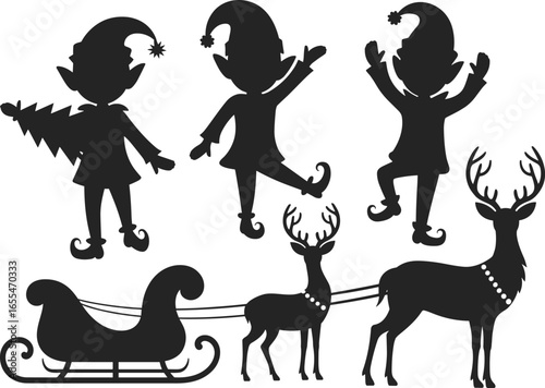 Silhouettes of elves with reindeer and sleigh, Christmas tree, festive holiday scene, black isolated figures, white background, seasonal decoration concept