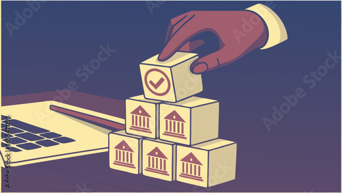 Hand Placing Check Mark Block on Bank Building Blocks.