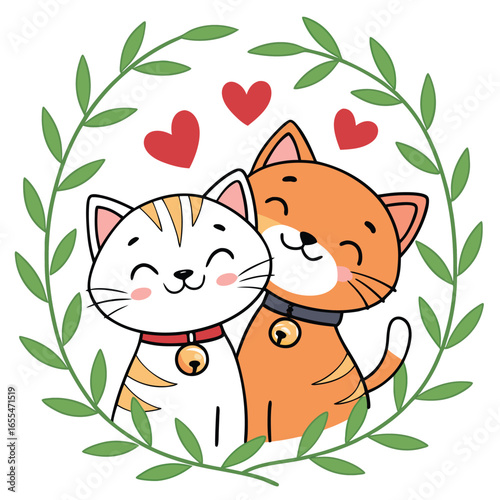 Two cartoon cats cuddle sweetly beneath floating hearts framed by leafy green vines