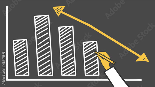 HandDrawn Bar Graph with Downward Trend Arrow on Gray Background.