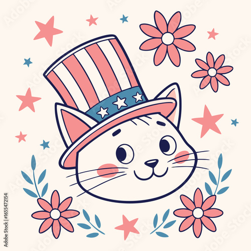 Happy cat with American hat surrounded by pink flowers and patriotic stars is transparent