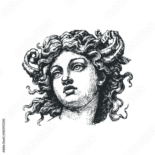 Antique depiction of a mythological female face with intricate curly hair