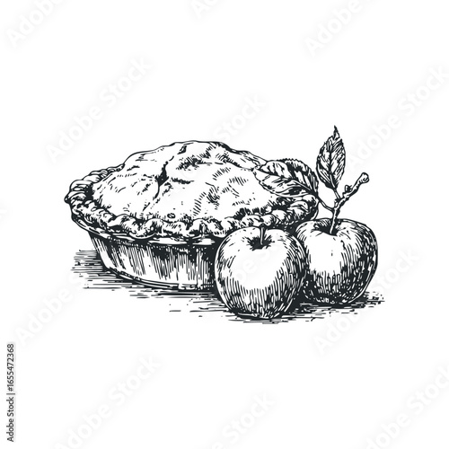 Sketch of an Apple Pie with Fresh Apples and Leaves