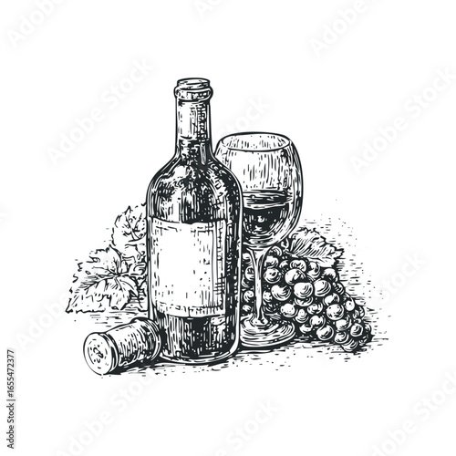 Bottle of red wine with grapes and glass