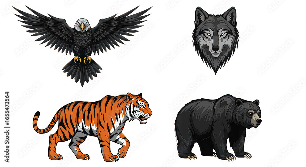 Obraz premium Illustration of an eagle tiger wolf and bear on a black background in a cartoon style