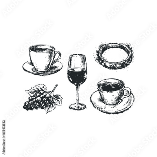 Sketch of Coffee Cups, Wine Glass and Grapes on White Background