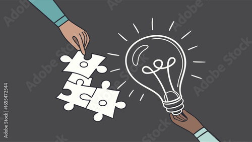 Hands Connecting Puzzle Pieces and a Lightbulb Idea.