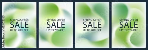Gradient light background set. Square poster, organic green pattern design. Soft sunny garden spring summer presentation template. Fluid liquid graphic 3d design, pastel noise mesh eco social banner.