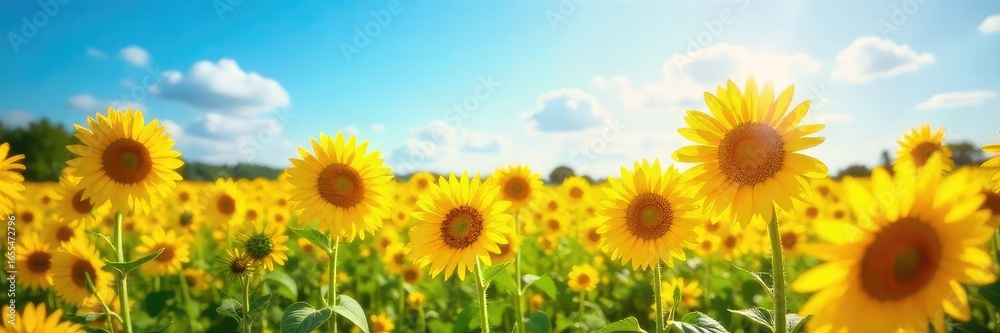 Fototapeta premium Golden Sunlight Bathes Vibrant Sunflowers in a Summer Field, Evoking Warmth, Joy, and the Beauty of Nature. Perfect for Summer Campaigns.