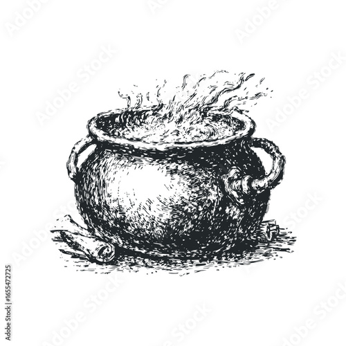 Whimsical illustration of a steaming cauldron with ingredients