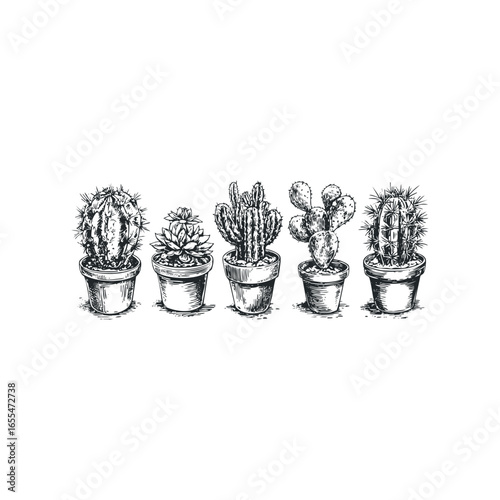 Group of Five Succulent Plants in Pots Hand Drawn Sketch