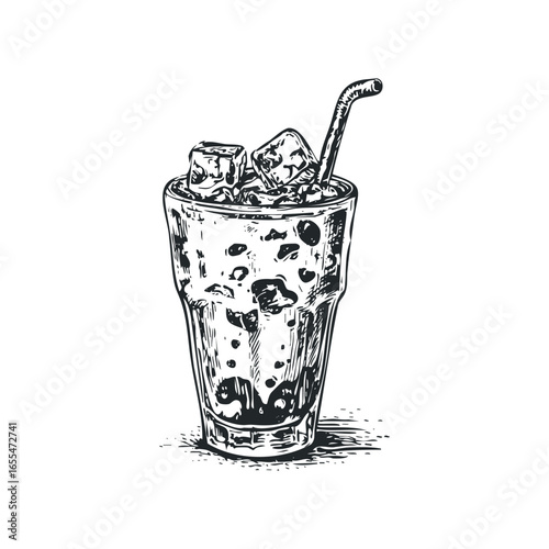 Sketch of a tall glass filled with ice cubes and a straw