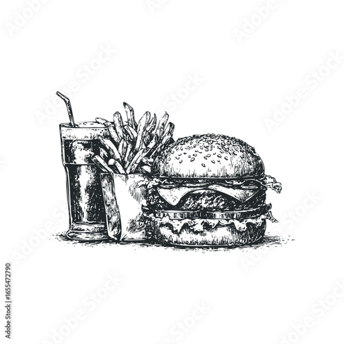 Hand drawn burger with fries and beverage in a tall glass