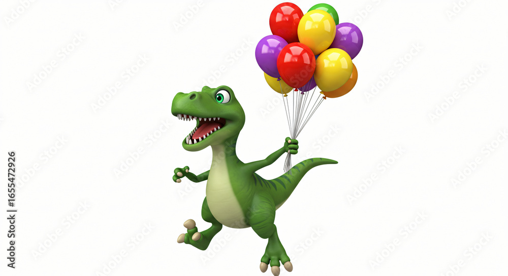 Fototapeta premium Happy Dinosaur Running with Balloons: A playful 3D render of a green T-Rex character excitedly running while holding a large bunch of colorful balloons.