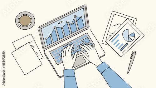 Hands Typing on Laptop Displaying Business Chart with Coffee and Documents.