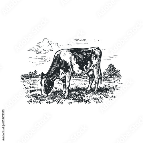 Black and white sketch of a cow grazing in a grassy field