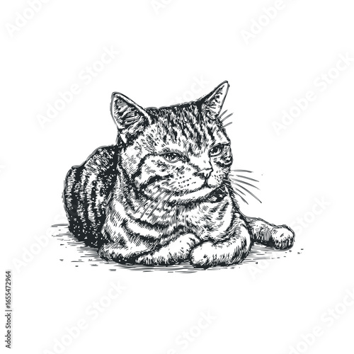 Sketch of a Tabby Cat Resting on a Textured Surface