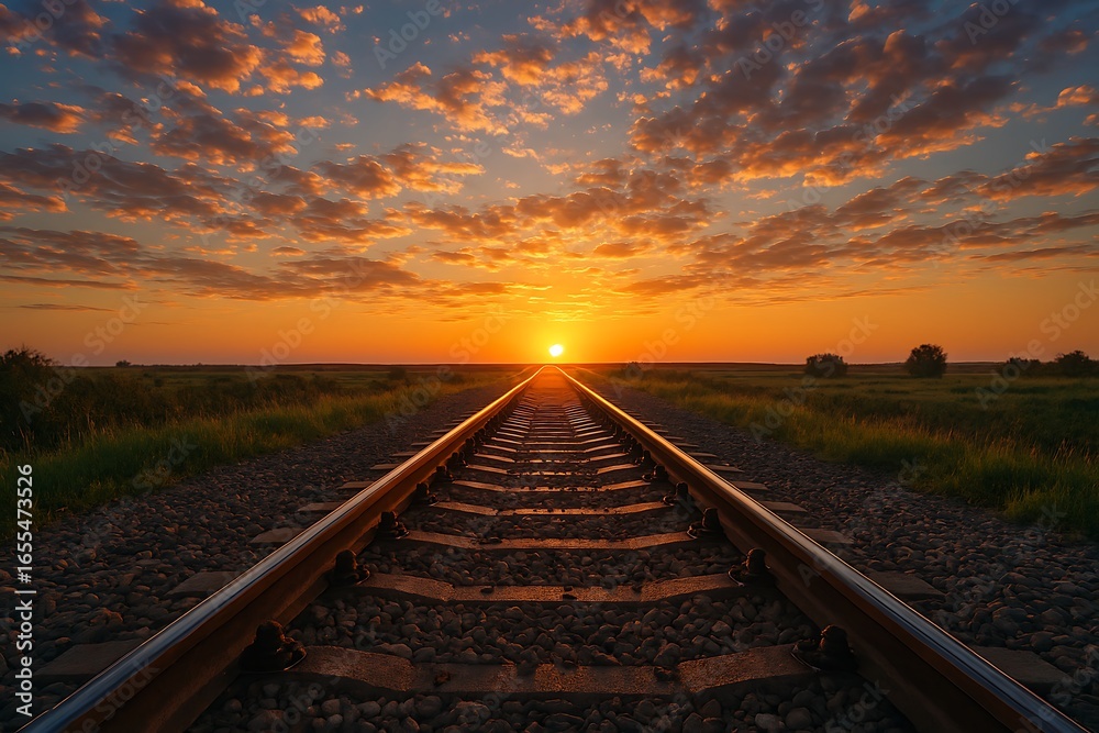 Obraz premium A railway stretches into a vibrant sunset, its metallic rails reflecting the warm, golden light.
