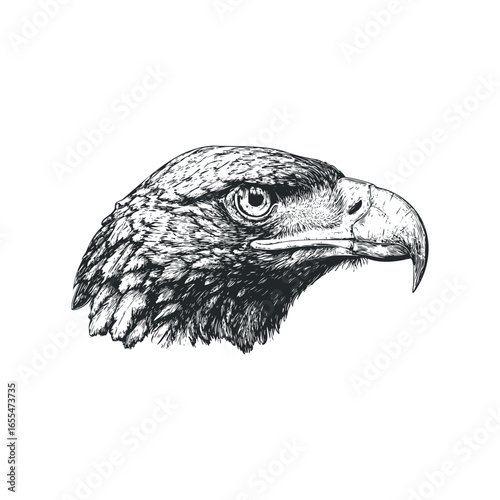 Detailed ink drawing of an eagle head in profile on a white background