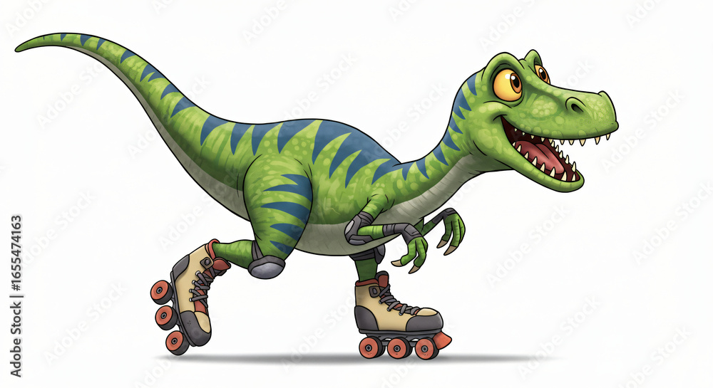 Naklejka premium Smiling Dinosaur on Roller Skates: A cheerful and dynamic illustration of a green velociraptor character with blue stripes, happily roller skating with a big smile