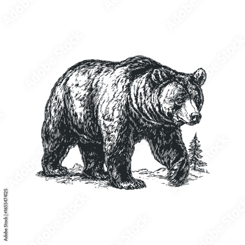 Detailed line drawing of a grizzly bear walking in a natural setting