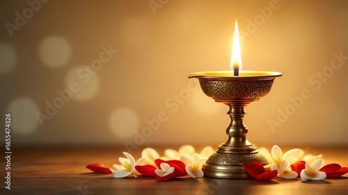 Lit brass oil lamp with flower petals, traditional Indian diya for Onam celebration, warm spiritual ambiance, cultural prayer lighting