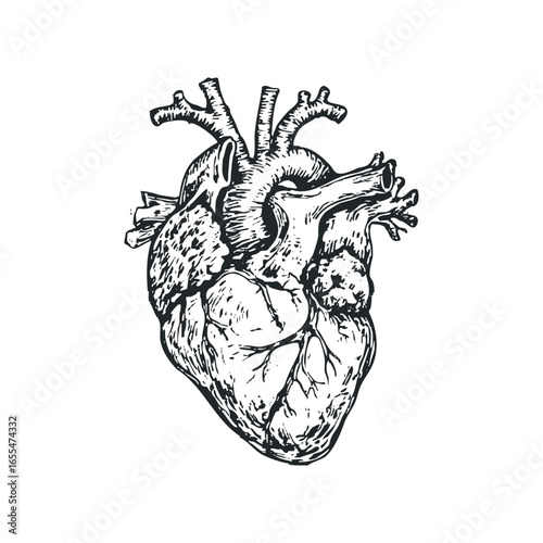 Hand Drawn Anatomical Human Heart Graphic With Intricate Vascular Details