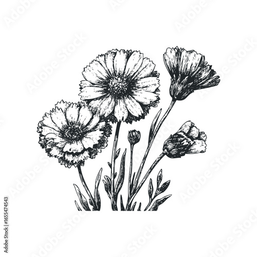 Detailed Sketch of Wildflowers and Green Stems on White Background