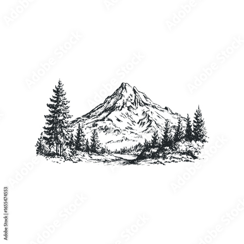 Sketch of a Majestic Mountain Peak Surrounded by Pine Trees and Snowy Landscape