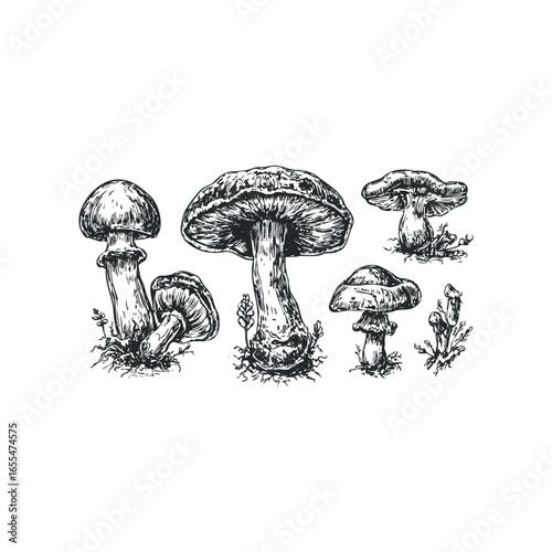 Sketch of various mushrooms with detailed caps and stems growing from the ground