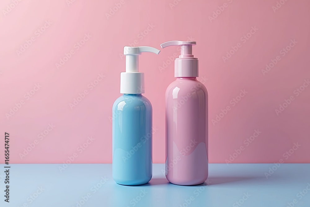 Two pastel-colored pump bottles on a dual-toned surface. Two pastel-colored pump bottles on a dual-toned surface.